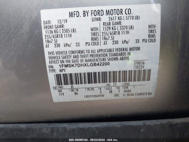 Ford EXPLORER XLT 2020 1FMSK7DHXLGB42200 Image 9