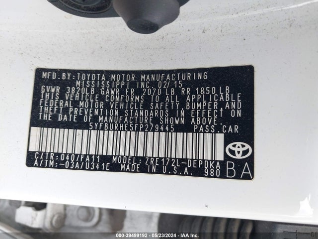 Toyota COROLLA L 2015 5YFBURHE5FP279445 Image 9