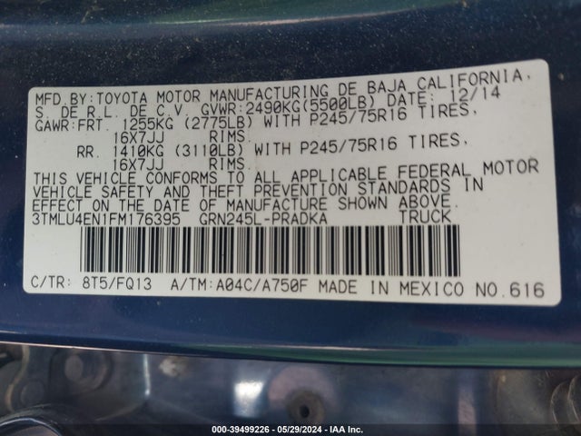 Toyota Tacoma Base V6 2015 3TMLU4EN1FM176395 Image 9