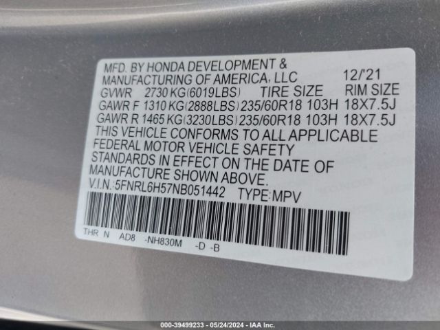 5FNRL6H57NB051442 Honda ODYSSEY EX
