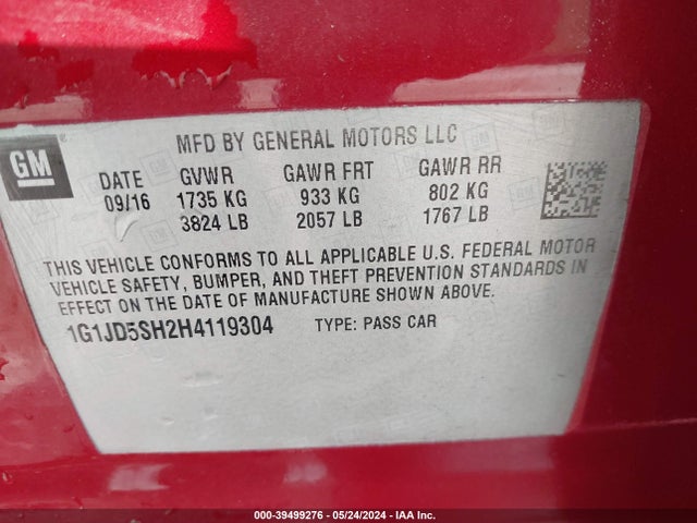 Chevrolet Sonic Lt Auto 2017 1G1JD5SH2H4119304 Image 9