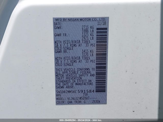 5N1DR2MM5KC591584 Nissan Pathfinder Sv
