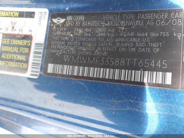 2008 MINI COOPER WMWMF33588TT65445 Photo 8