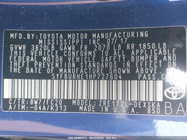Toyota COROLLA SE 2017 5YFBURHE1HP727604 Image 9