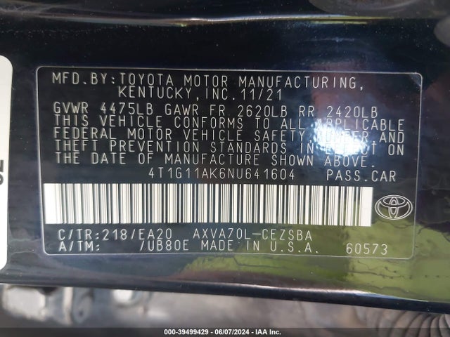 Toyota CAMRY SE 2022 4T1G11AK6NU641604 Image 9