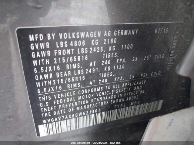 WVGAV7AX6GW521401 Volkswagen TIGUAN S