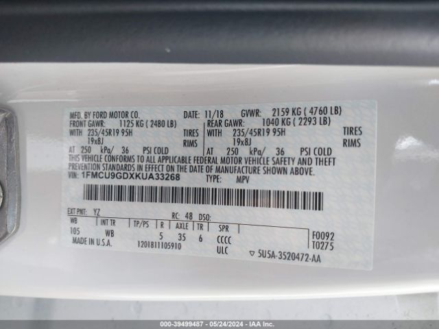 1FMCU9GDXKUA33268 Ford ESCAPE SE
