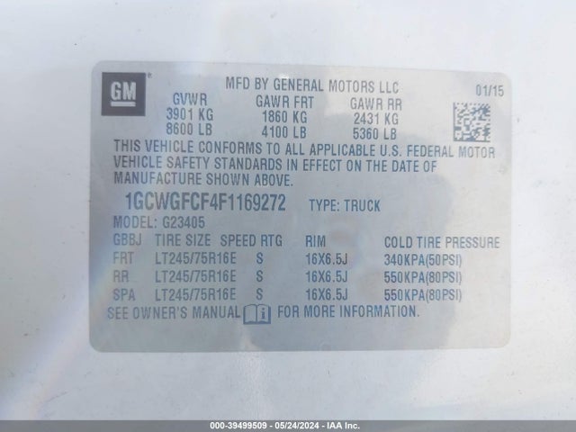 Chevrolet Express 2500 Work Van 2015 1GCWGFCF4F1169272 Image 9