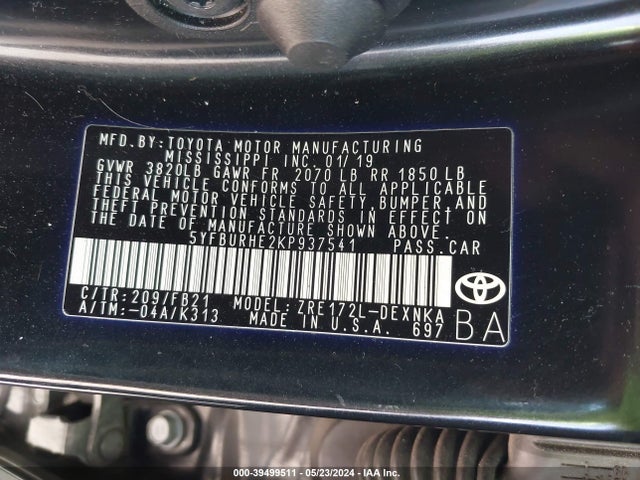 Toyota COROLLA LE 2019 5YFBURHE2KP937541 Image 9