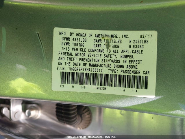 Honda ACCORD EX 2017 1HGCR2F7XHA186513 Image 9