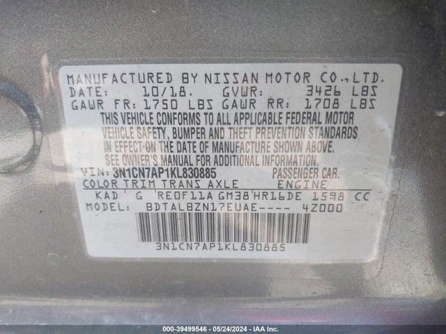 Nissan Versa 1.6 Sv 2019 3N1CN7AP1KL830885 Image 9