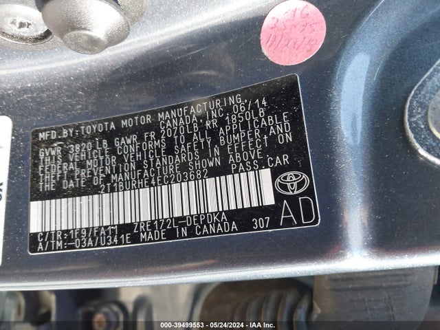 Toyota COROLLA L 2014 2T1BURHE4EC203682 Image 9