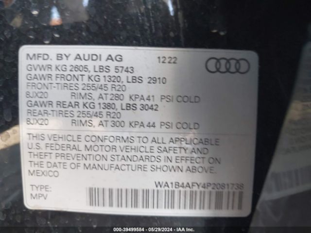 WA1B4AFY4P2081738 Audi Sq5 Premium Plus Tfsi Quattro Tiptronic