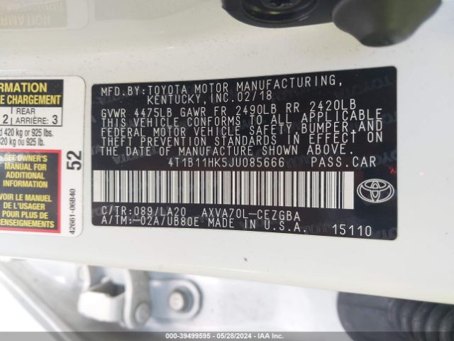 4T1B11HK5JU085666 Toyota CAMRY XLE