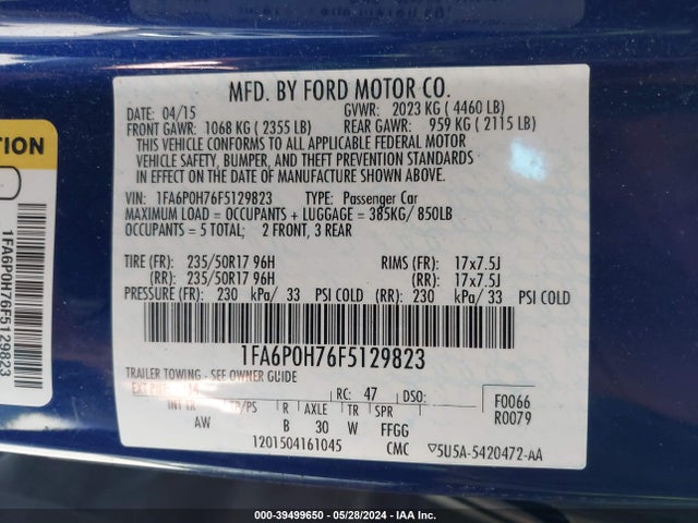 Ford FUSION SE 2015 1FA6P0H76F5129823 Image 9