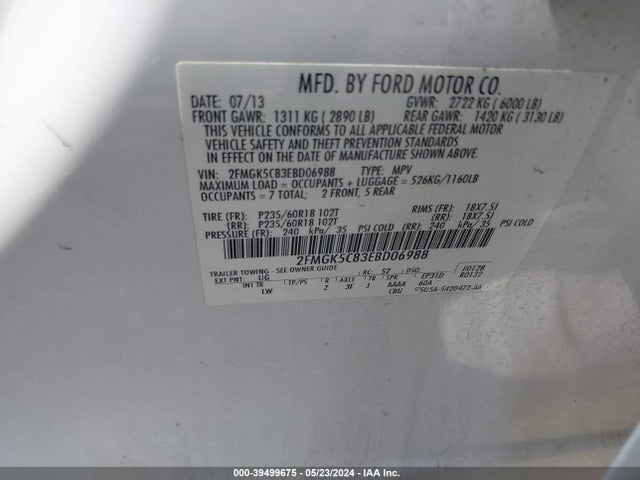 Ford FLEX SEL 2014 2FMGK5C83EBD06988 Image 9