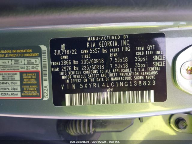 5XYRL4LC1NG138823 KIA SORENTO S