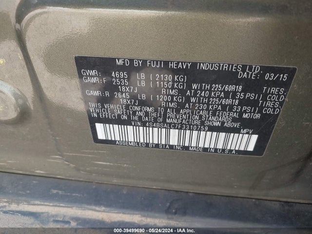 Subaru Outback 2.5i Limited 2015 4S4BSALC7F3310759 Image 9