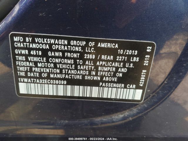 1VWAT7A32EC038099 Volkswagen Passat 1.8t S