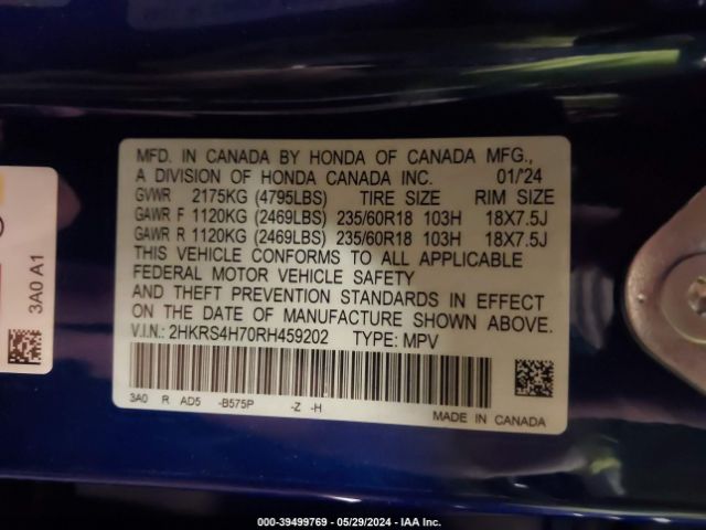 2HKRS4H70RH459202 Honda Cr-v Ex-l Awd