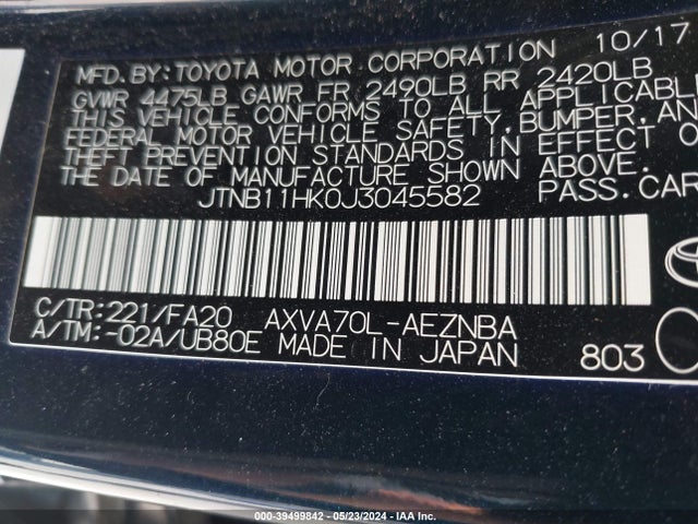 Toyota CAMRY LE 2018 JTNB11HK0J3045582 Image 9