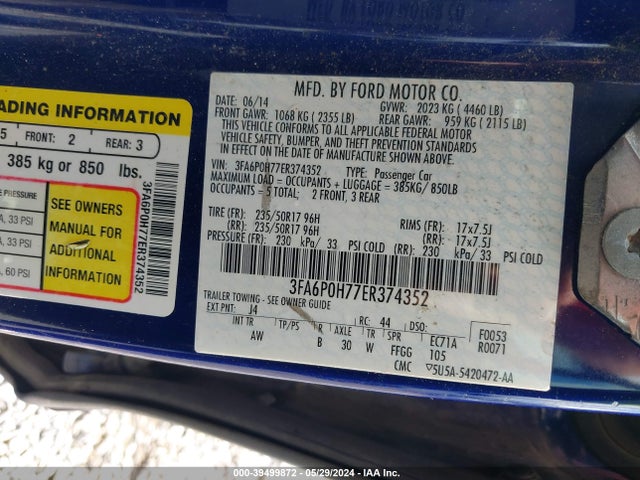 Ford FUSION SE 2014 3FA6P0H77ER374352 Image 9