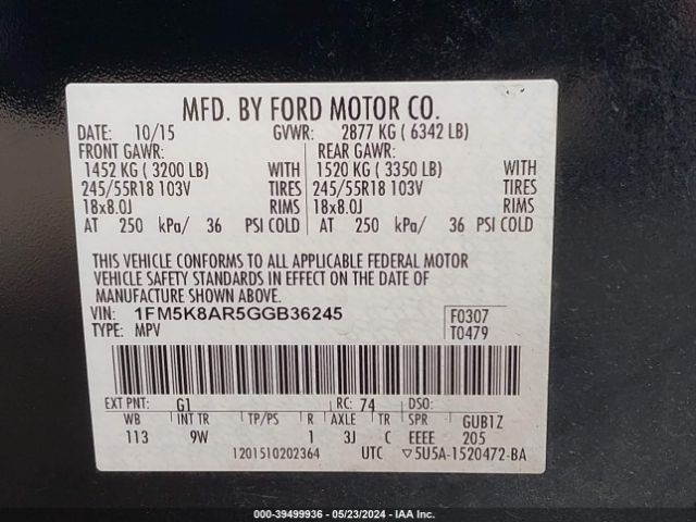 1FM5K8AR5GGB36245 Ford Utility Police Interceptor