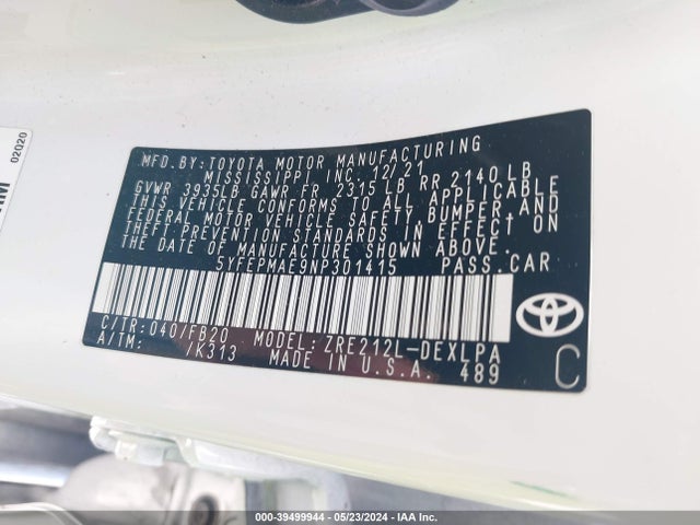 Toyota COROLLA LE 2022 5YFEPMAE9NP301415 Image 9