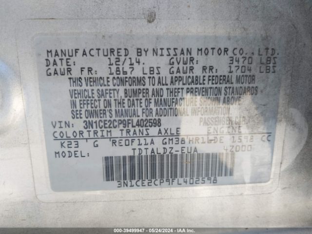 3N1CE2CP9FL402598 Nissan Versa Note S (sr)/s Plus/sl/sr/sv