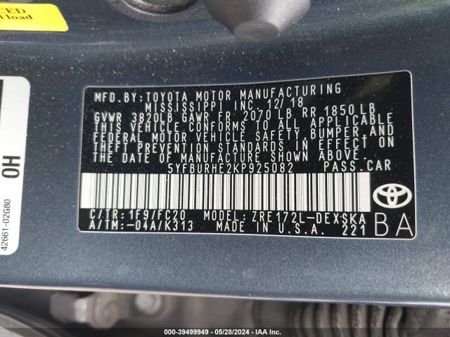 Toyota COROLLA SE 2019 5YFBURHE2KP925082 Image 9