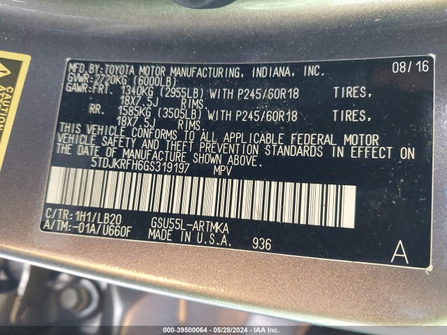 Toyota Highlander Xle V6 2016 5TDJKRFH6GS319197 Image 9