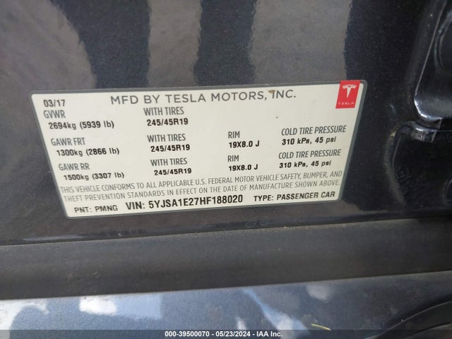 Tesla Model S 100d/60d/75d/90d/p100d 2017 5YJSA1E27HF188020 Image 9