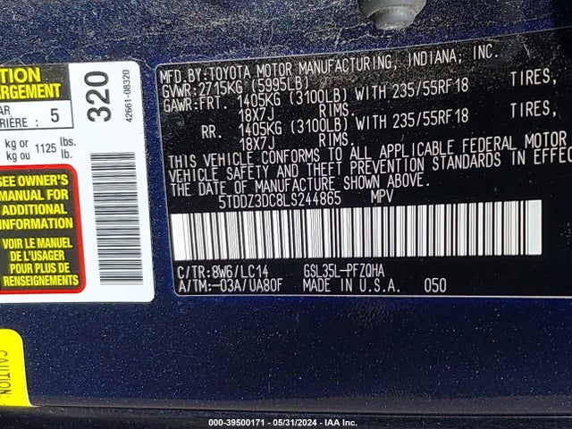 Toyota SIENNA XLE 2020 5TDDZ3DC8LS244865 Image 9