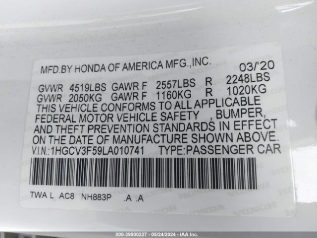 1HGCV3F59LA010741 Honda Accord Hybrid Ex-l