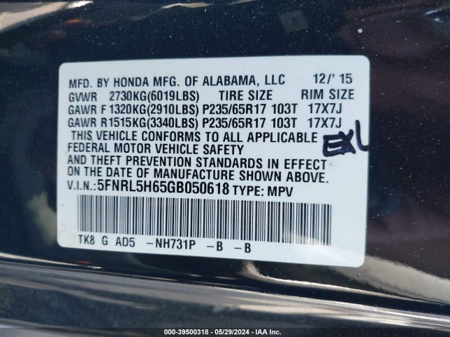 Honda Odyssey Ex-l 2016 5FNRL5H65GB050618 Image 9