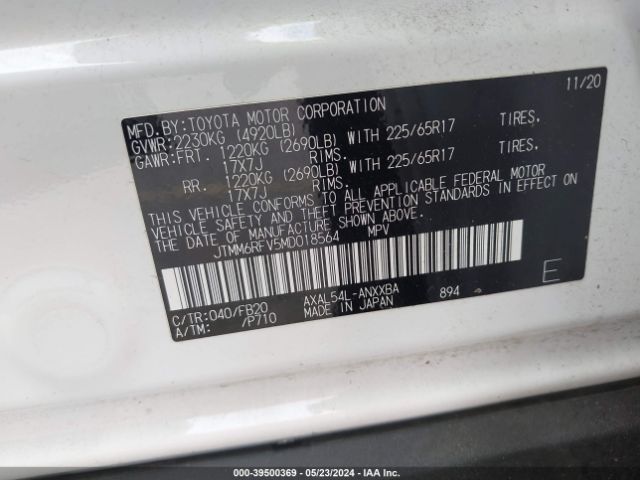 JTMM6RFV5MD018564 Toyota Rav4 Le Hybrid