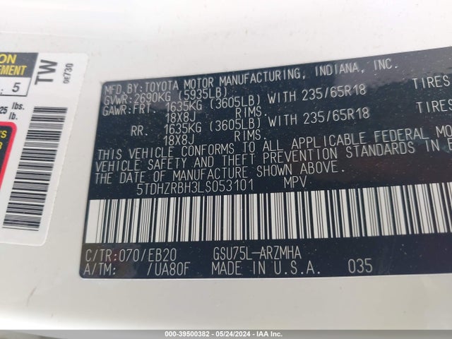 Toyota Highlander Xle 2020 5TDHZRBH3LS053101 Image 9