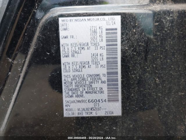 5N1AR2MN9EC660454 Nissan Pathfinder Platinum/s/sl/sv