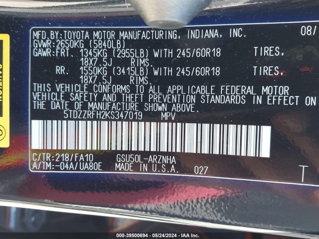 Toyota Highlander Le Plus 2019 5TDZZRFH2KS347019 Image 9