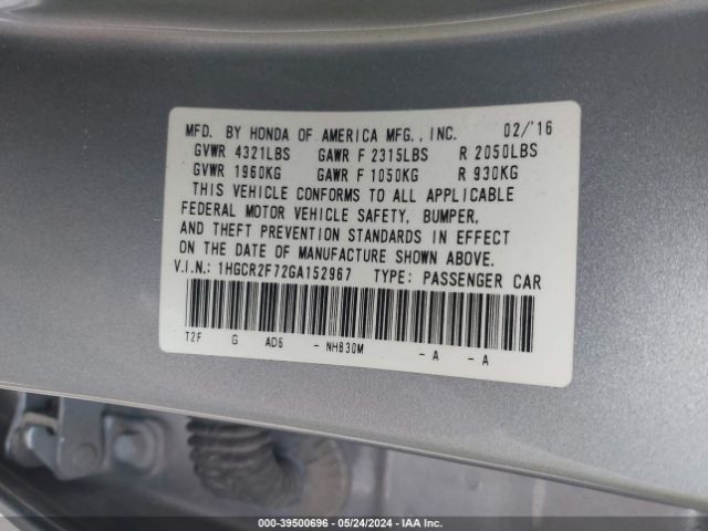 1HGCR2F72GA152967 Honda ACCORD EX