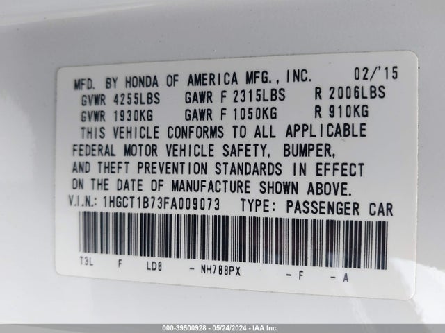 Honda ACCORD EX 2015 1HGCT1B73FA009073 Image 9