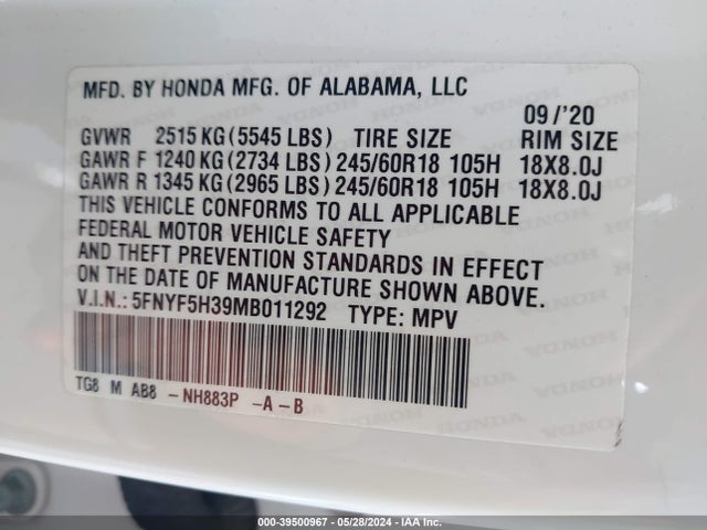 Honda Pilot 2wd Ex 2021 5FNYF5H39MB011292 Image 9