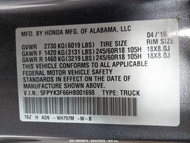 Honda Ridgeline Rtl-t 2017 5FPYK3F66HB001698 Image 9