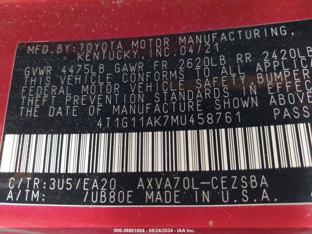 Toyota CAMRY SE 2021 4T1G11AK7MU458761 Image 9