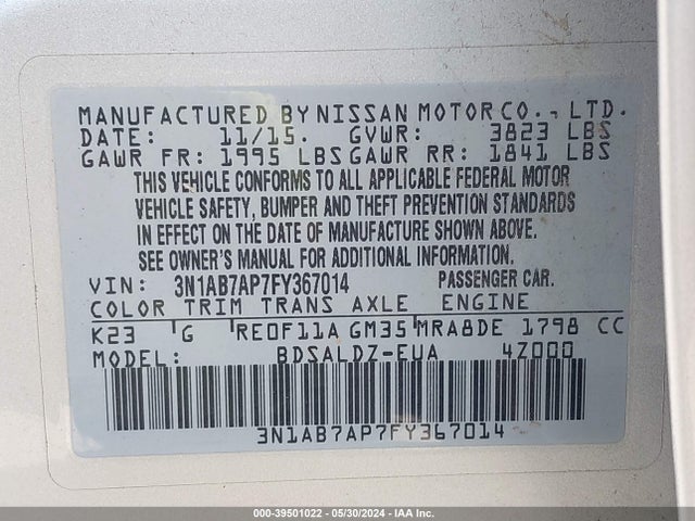 Nissan SENTRA SV 2015 3N1AB7AP7FY367014 Image 9
