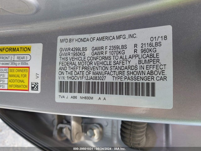 Honda ACCORD LX 2018 1HGCV1F12JA083027 Image 9