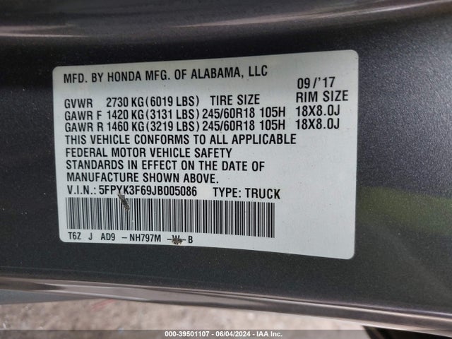 Honda Ridgeline Rtl-t 2018 5FPYK3F69JB005086 Image 9