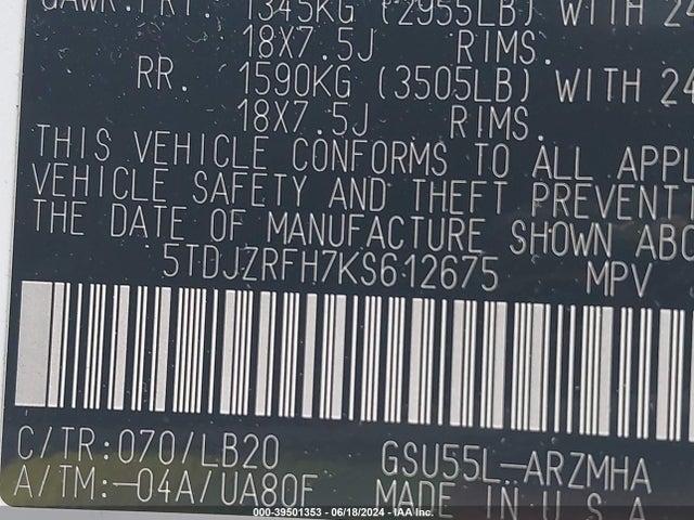 Toyota Highlander Xle 2019 5TDJZRFH7KS612675 Image 9