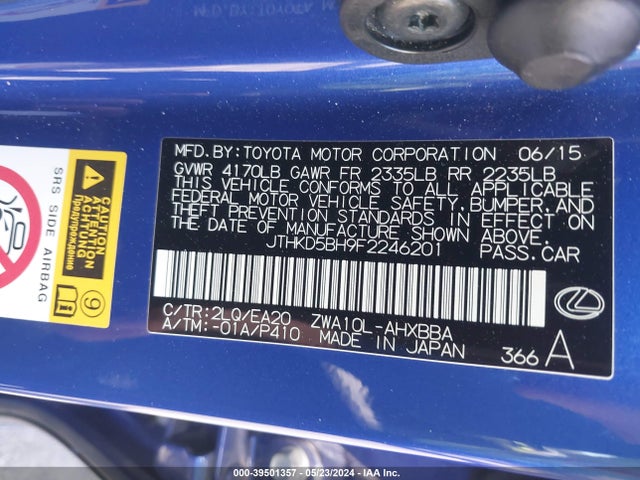 JTHKD5BH9F2246201 Lexus CT 200H