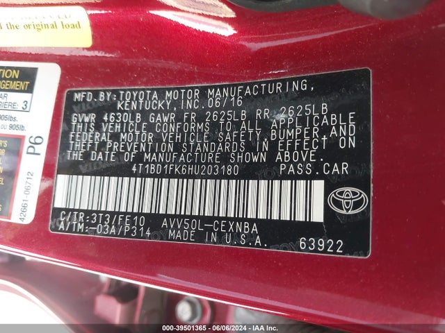4T1BD1FK6HU203180 Toyota 2ar-fxe+2jm